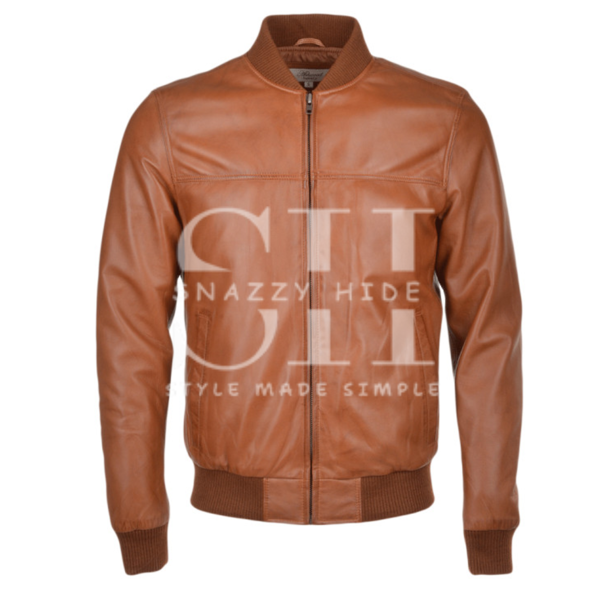 Men's Waxed Sheepskin Leather Bomber Jacket Tan Brown