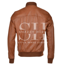 Men's Waxed Sheepskin Leather Bomber Jacket Tan Brown