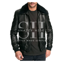 Mens Air Force Leather Bomber Jacket Fur Collar Black