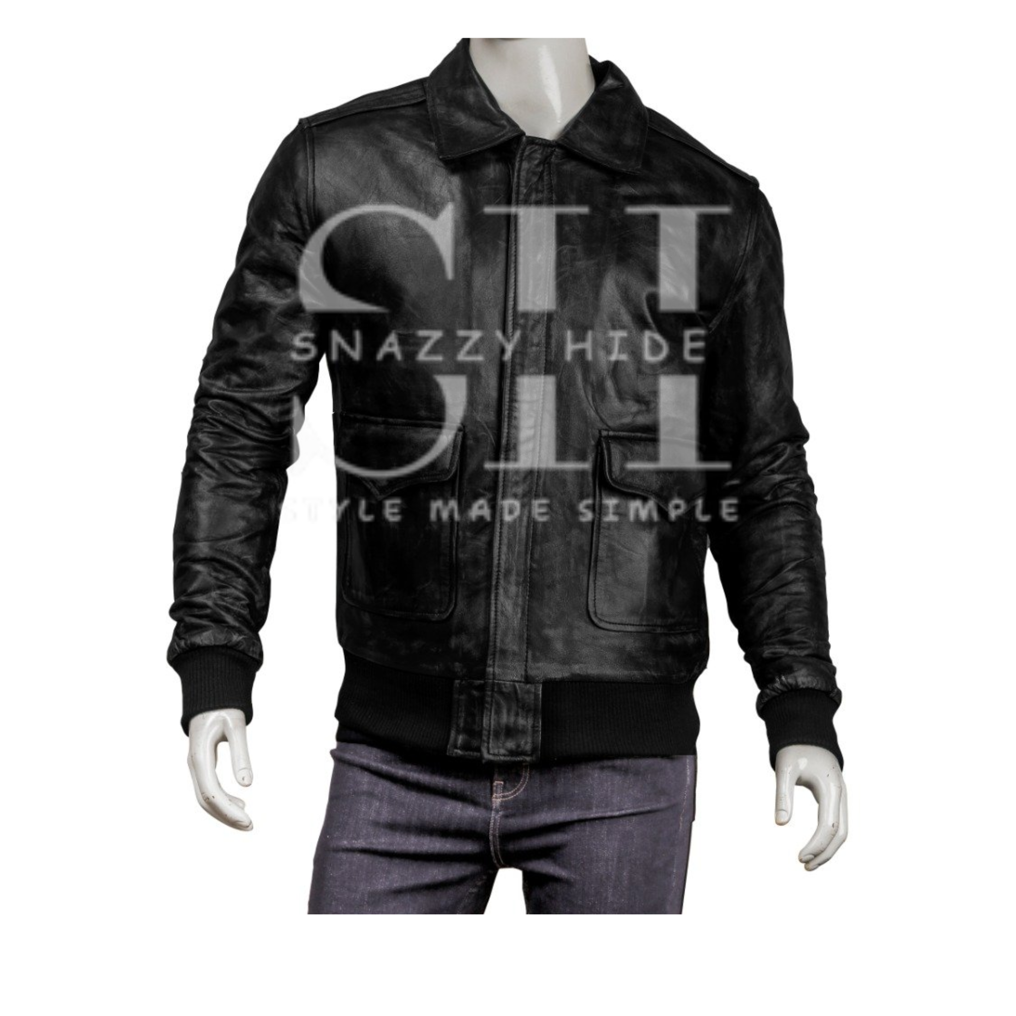 Men's Real Sheepskin Leather Bomber Jacket Solid Black