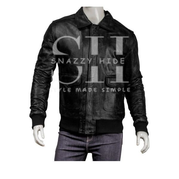 Men's Real Sheepskin Leather Bomber Jacket Solid Black