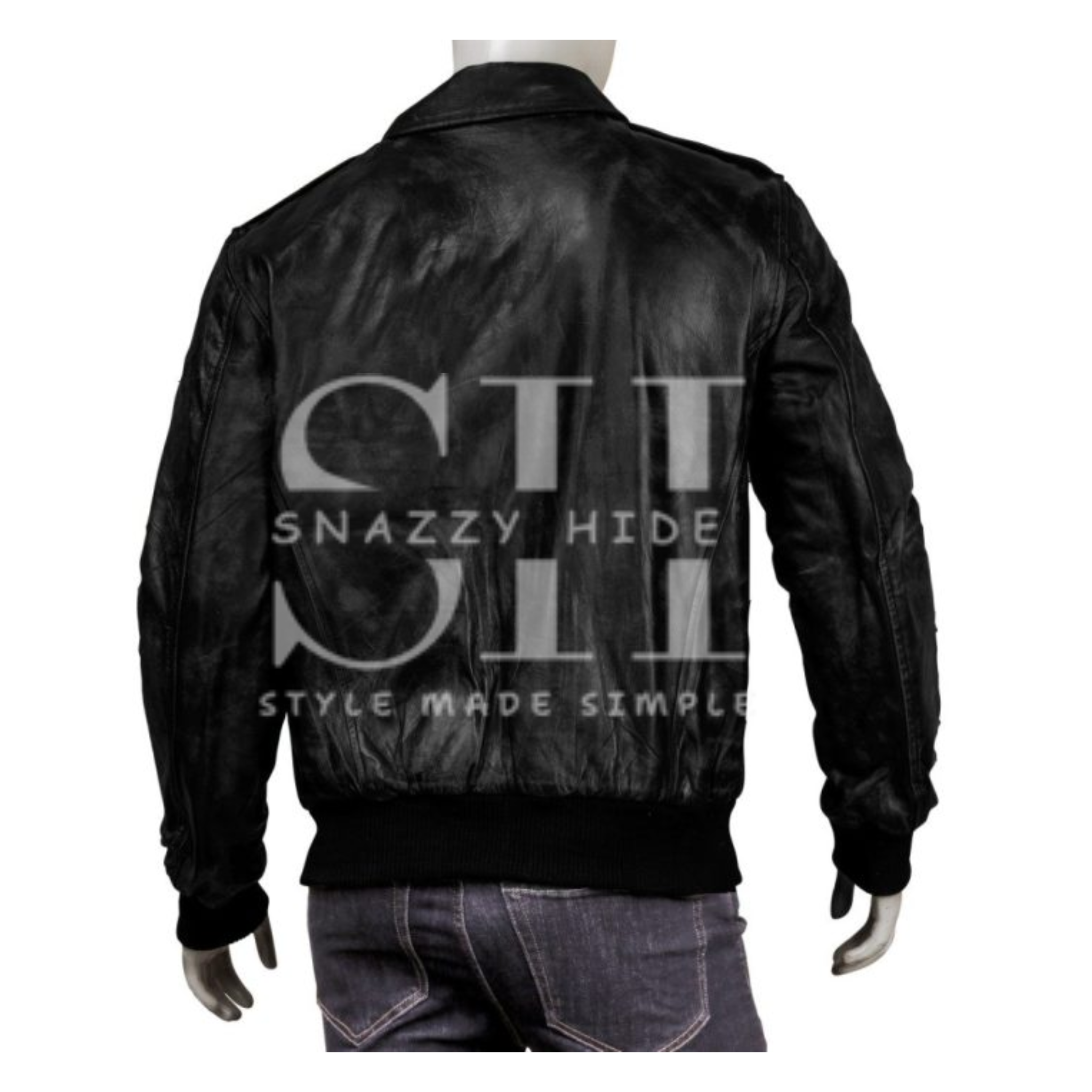 Men's Real Sheepskin Leather Bomber Jacket Solid Black