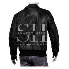 Men's Real Sheepskin Leather Bomber Jacket Solid Black