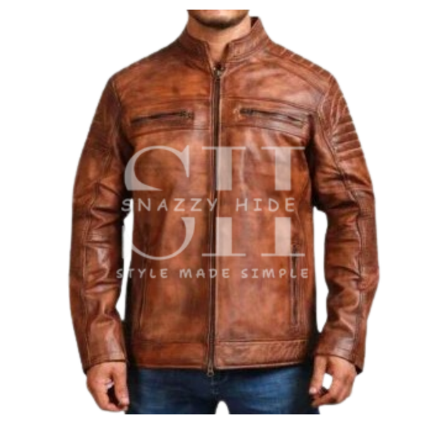 Men's Waxed Sheepskin Fashion Leather Jacket Brown