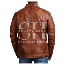 Men's Waxed Sheepskin Fashion Leather Jacket Brown