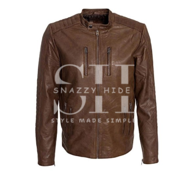 Men's Waxed Sheepskin Fashion Leather Jacket Camel Brown