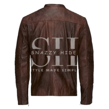 Men's Waxed Sheepskin Fashion Leather Jacket Camel Brown