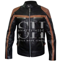 Men’s Brown Stripes Leather Moto Biker Jacket