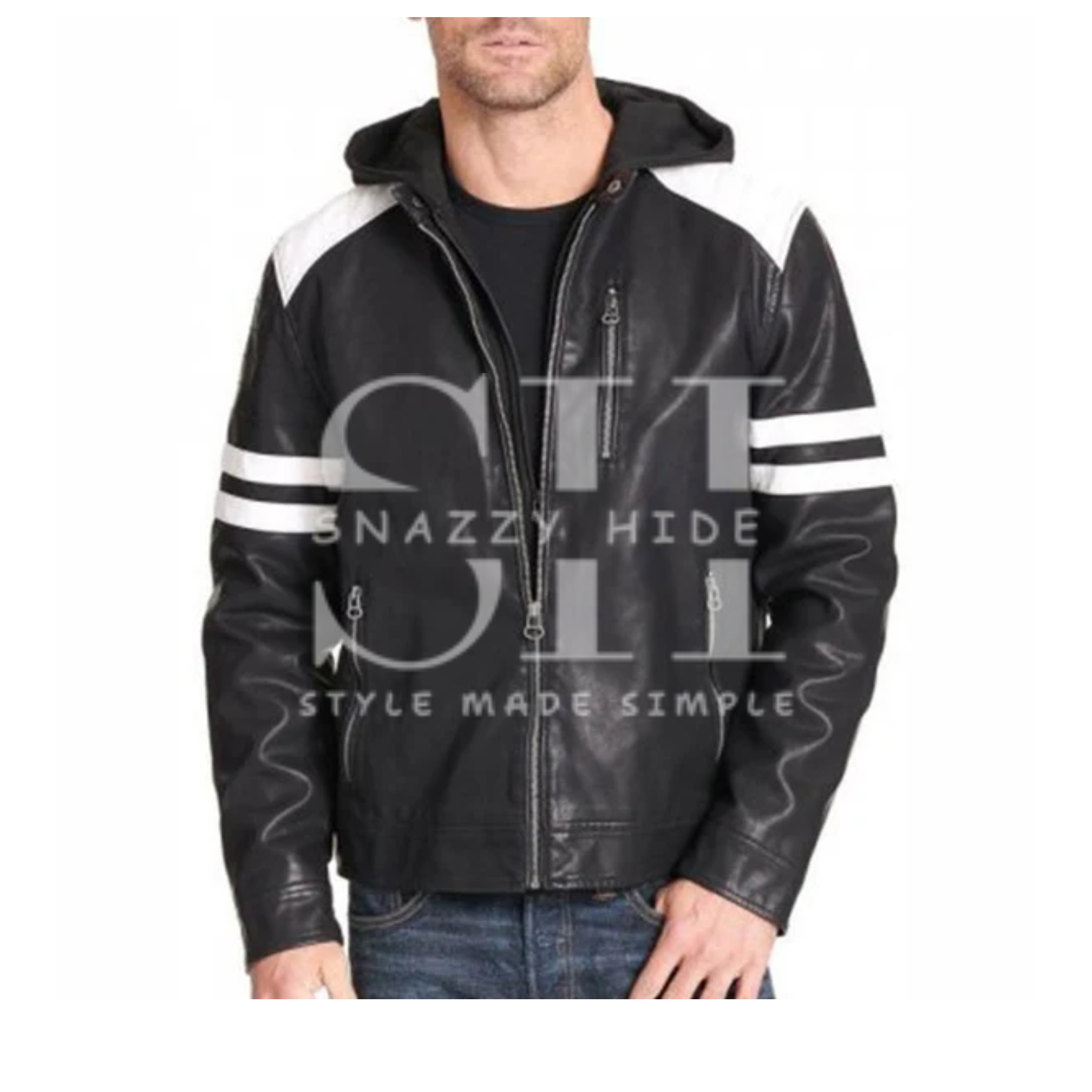 Men's Black Leather Motorcycle Jacket Hoodie