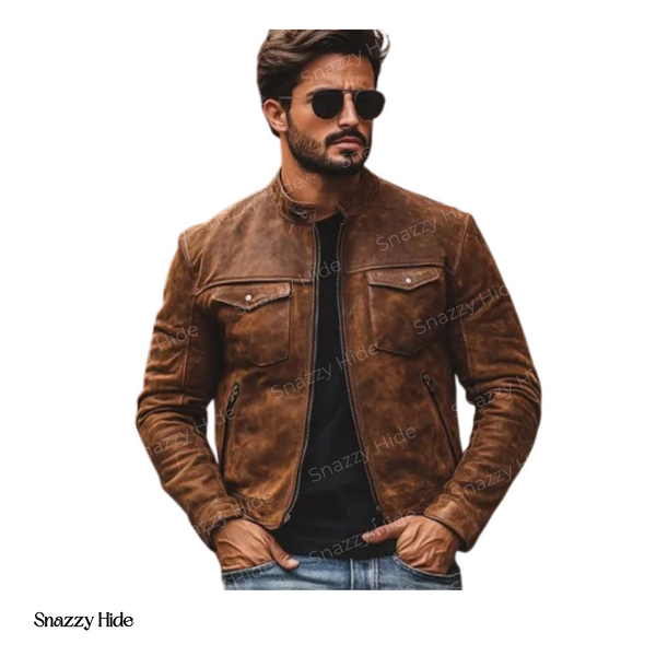 Mens Waxed Sheepskin Fashion Leather Jacket Elegant Brown