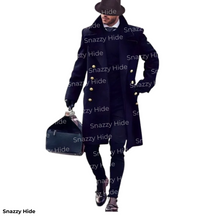 Premium Menista Men Handmade Navy Wool Mens Long Trench Coat