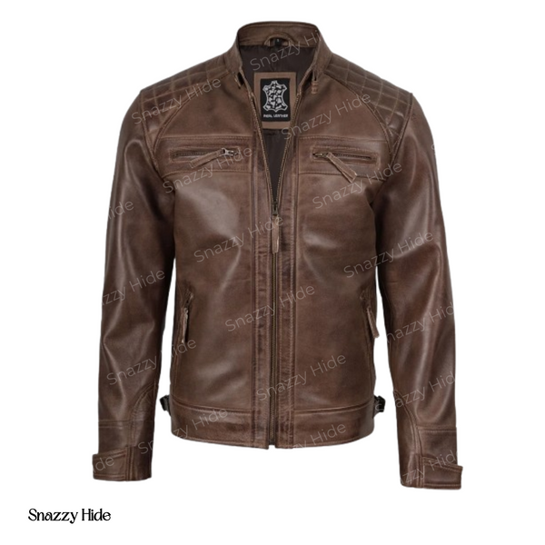 Mens Quilted Shoulder Coffee Brown Biker Leather Jacket
