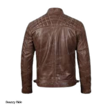 Mens Quilted Shoulder Coffee Brown Biker Leather Jacket