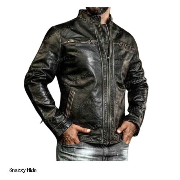 Mens Cafe Racer Retro Motorcycle Leather Jacket