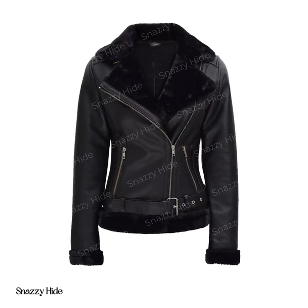 Women’s Black Asymmetrical Shearling Leather Jacket