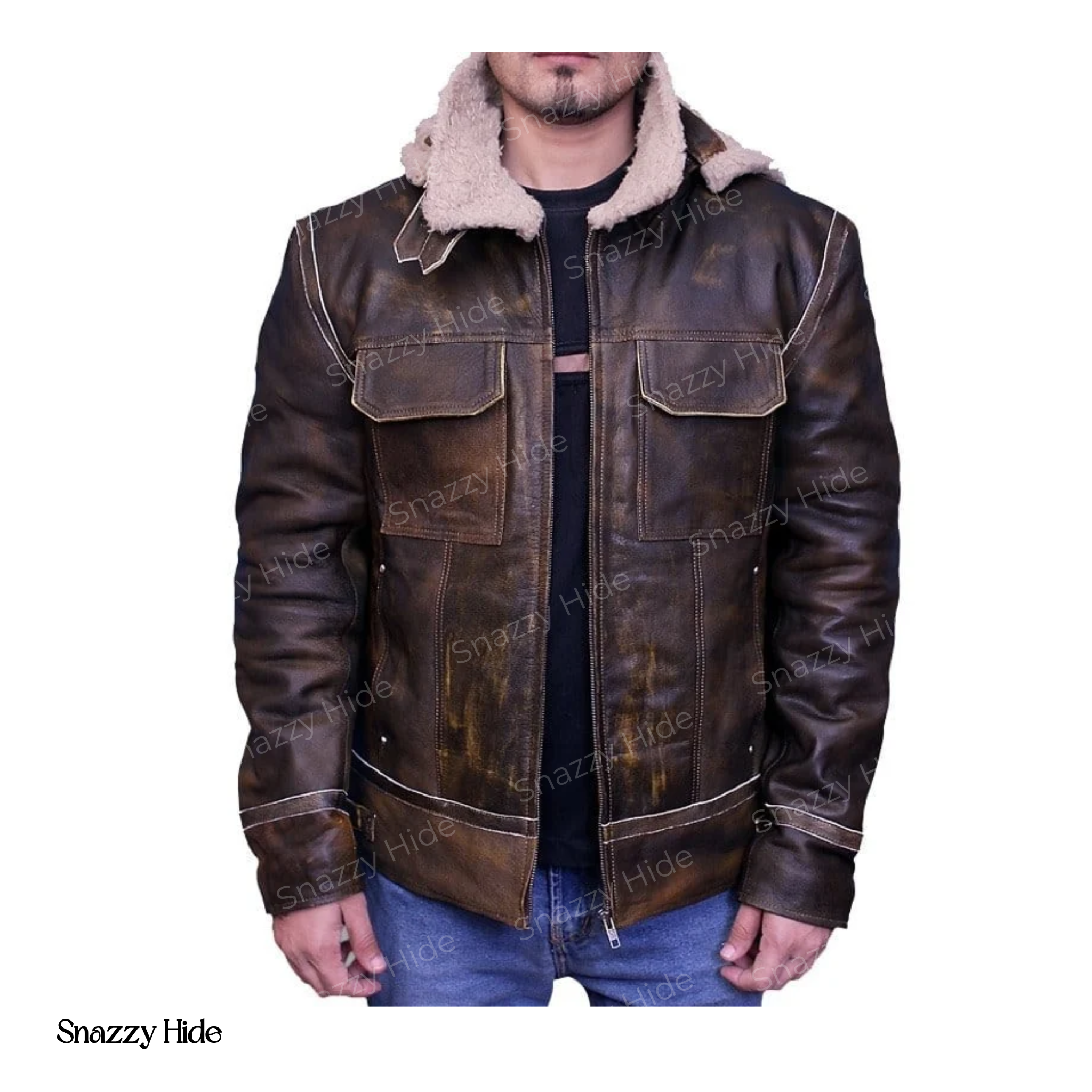 Men Aviator Leather Bomber Jacket with Fur Hood Brown