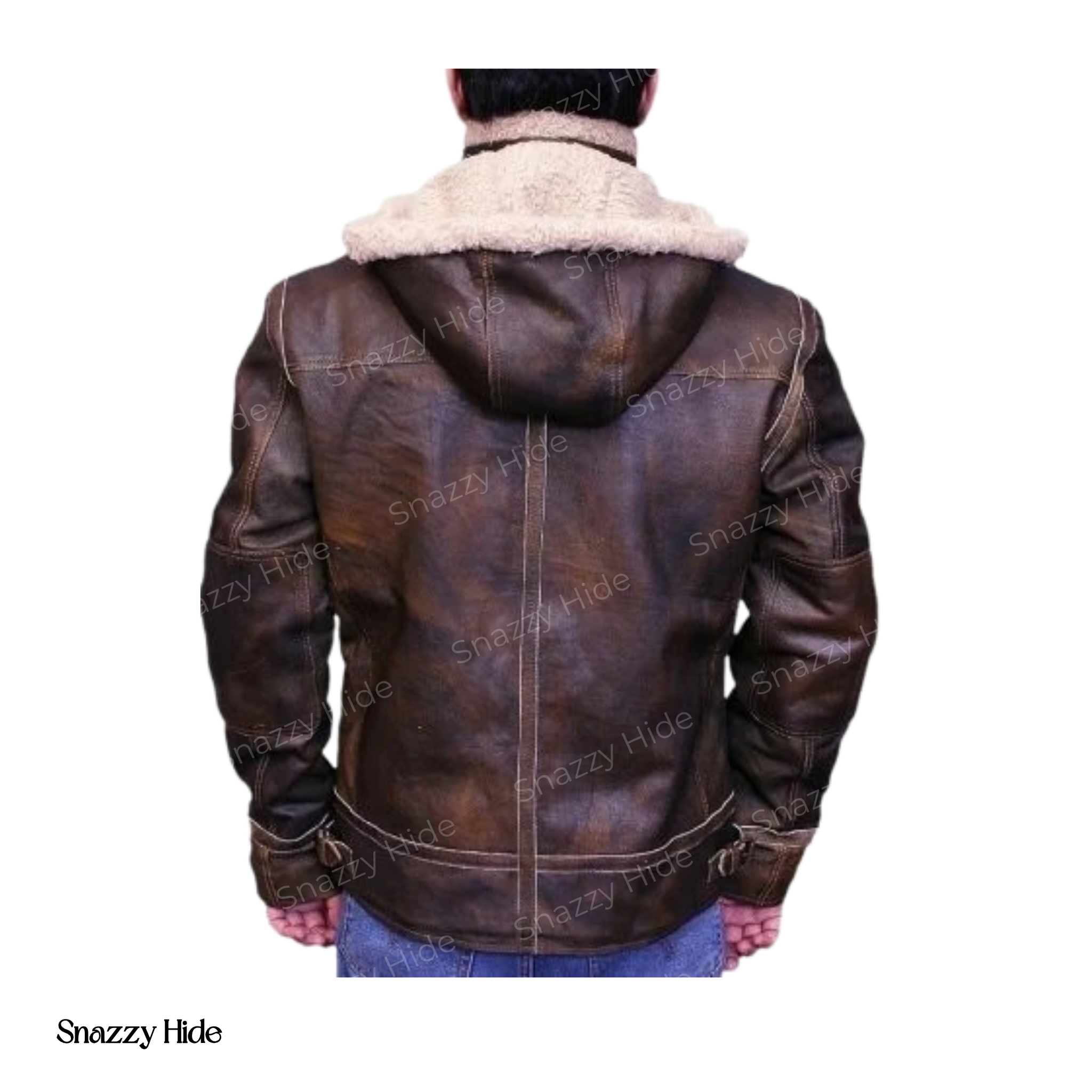 Men Aviator Leather Bomber Jacket with Fur Hood Brown