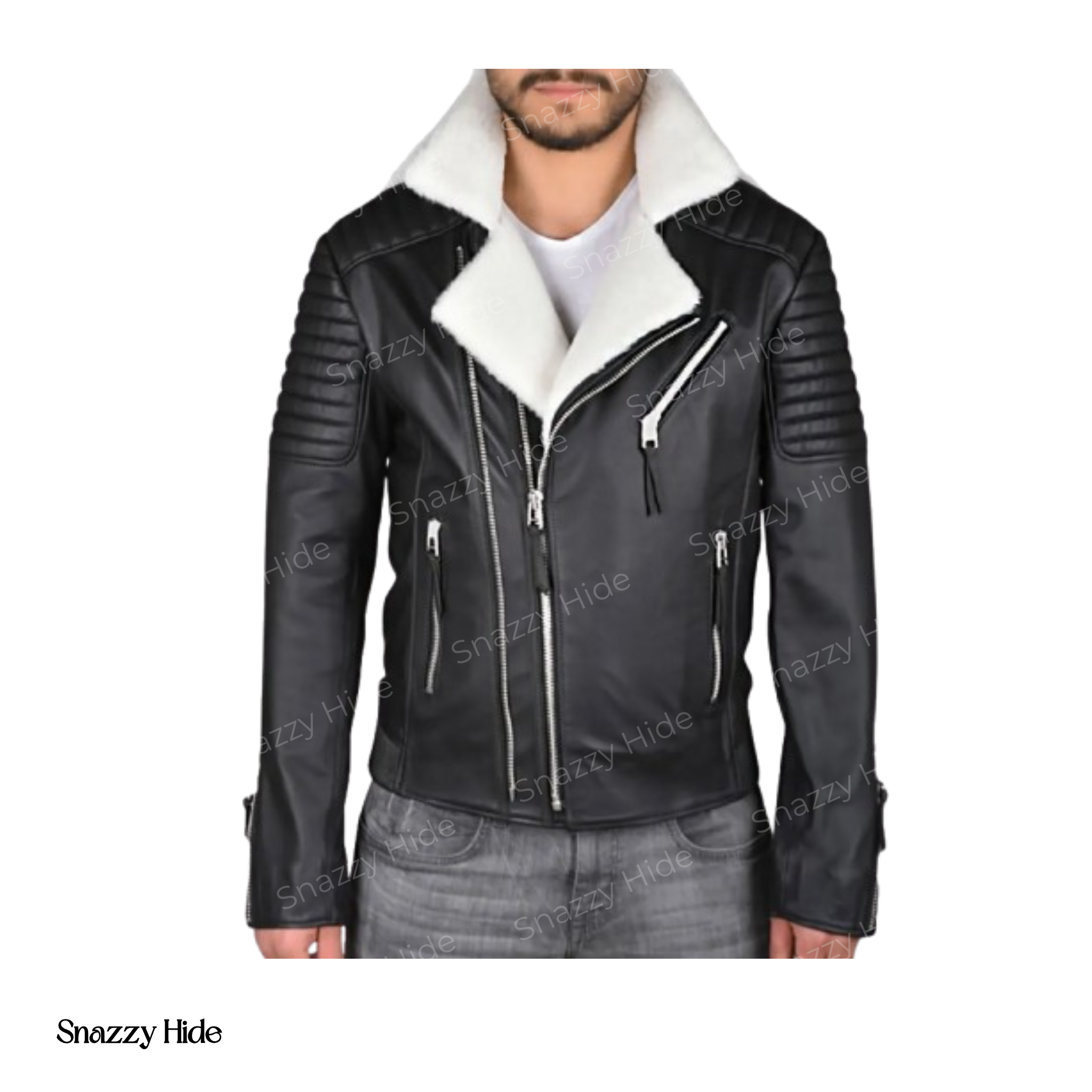 Mens Black Shearling Biker Leather Jacket