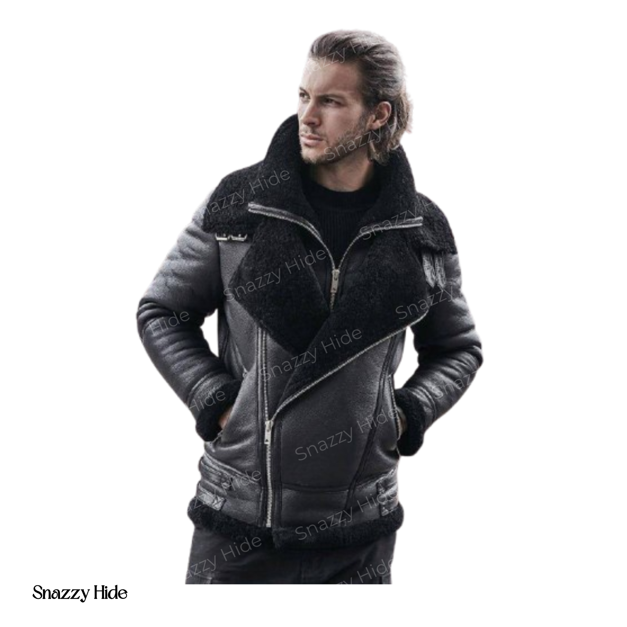 Mens Black Sheepskin Shearling B3 Bomber Leather Jacket