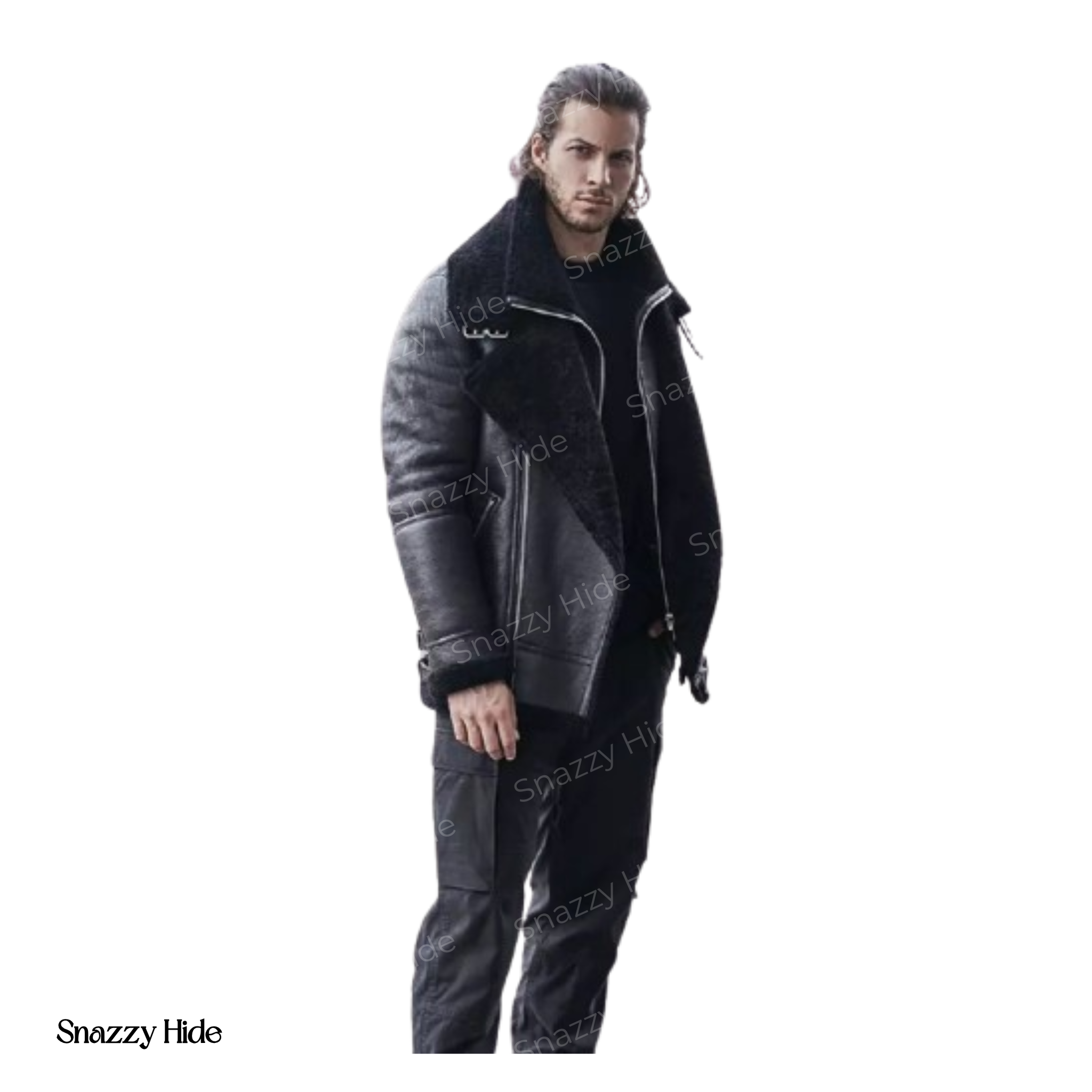 Mens Black Sheepskin Shearling B3 Bomber Leather Jacket