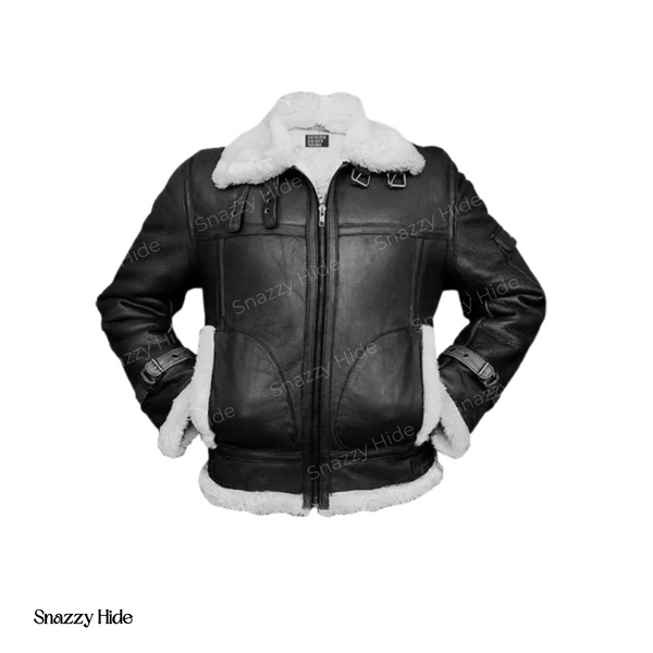 Men’s B-3 Black Sheepskin Leather Bomber Jacket