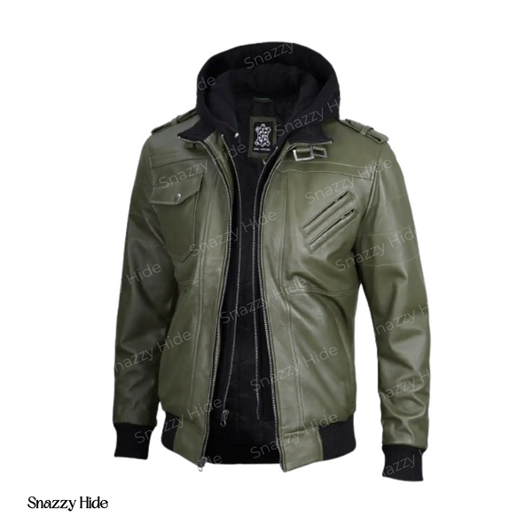 Mens Army Green Bomber Leather Jacket