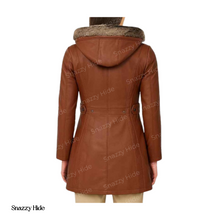 Women’s Brown Leather Shearling Hooded Coat