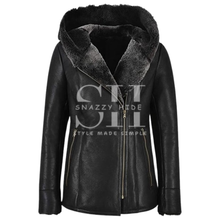 Women's Hooded Leather Sherpa Shearling Coat Jacket