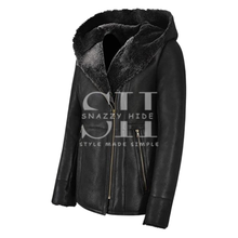 Women's Hooded Leather Sherpa Shearling Coat Jacket
