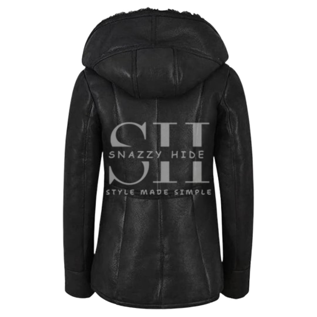 Women's Hooded Leather Sherpa Shearling Coat Jacket