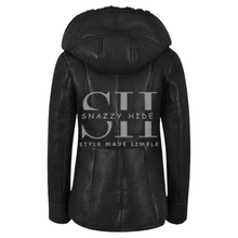 Women's Hooded Leather Sherpa Shearling Coat Jacket