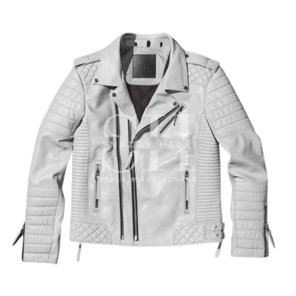 Men Biker White Pearl Leather Jacket