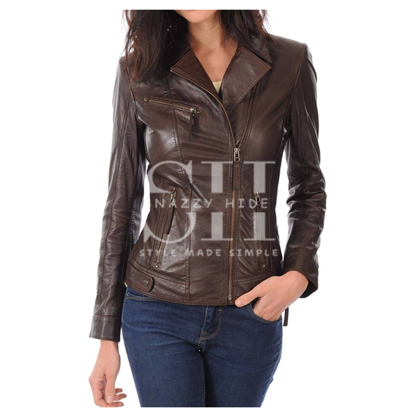 Brown Leather Asymmetric Biker Jacket