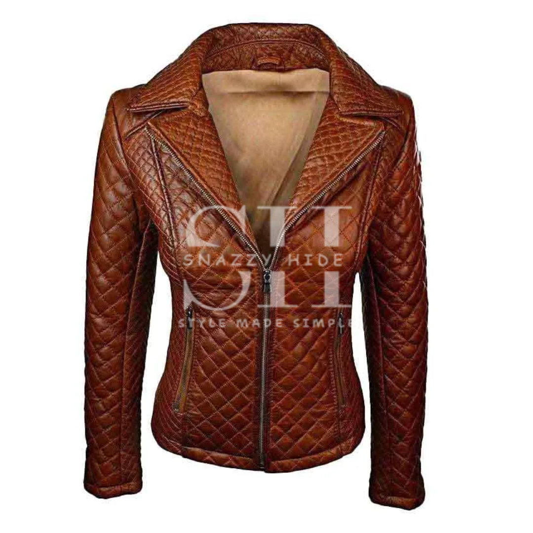 Women Quilted Sheepskin Fashion Leather Jacket Tan Brown