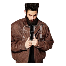 Men's Oversized Brown Leather Bomber Jacket