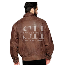 Men's Oversized Brown Leather Bomber Jacket
