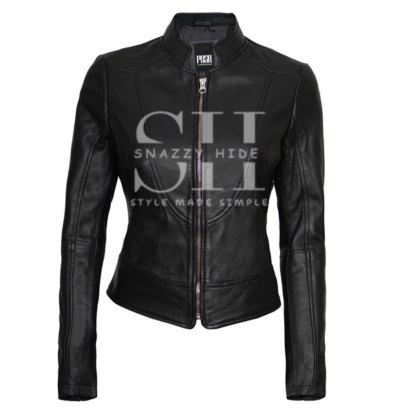 Women's Cafe Racer Leather Motorcycle Jacket Black