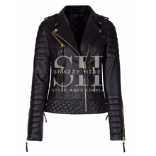 Women's Slim Fit Leather Motorcycle Jacket Black Studded