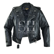 Women's Cafe Racer Leather Biker Jacket Black Cross Zipper