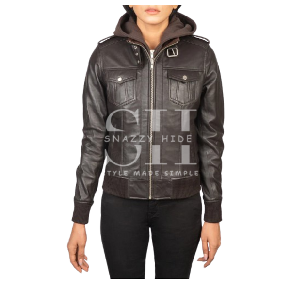 Women’s Brown Hooded Leather Bomber Jacket
