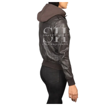 Women’s Brown Hooded Leather Bomber Jacket