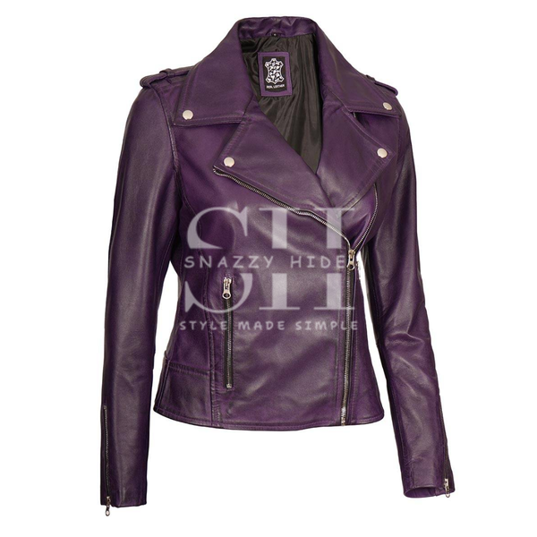 Women's Short Fitted Leather Motorcycle Jacket Purple