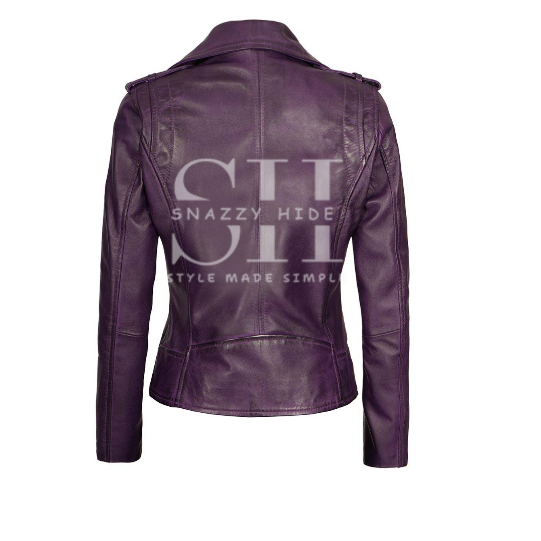 Women's Short Fitted Leather Motorcycle Jacket Purple