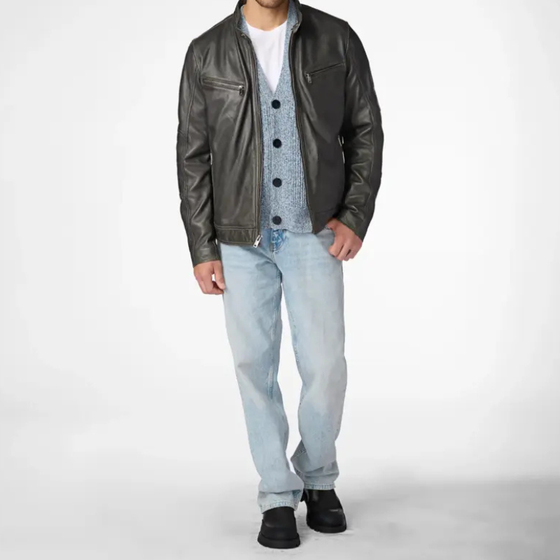 Brent Moto Grey Leather Jacket