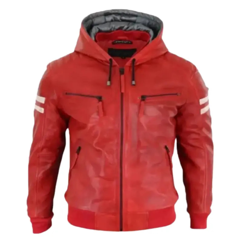 Men Red Hooded Bomber Leather Jacket