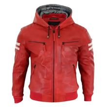 Men Red Hooded Bomber Leather Jacket