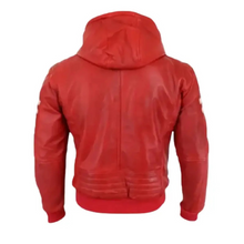 Men Red Hooded Bomber Leather Jacket