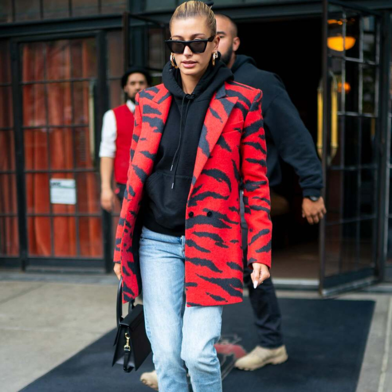 Hailey Bieber Red & Black Coat