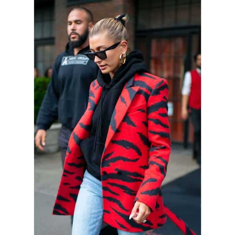 Hailey Bieber Red & Black Coat