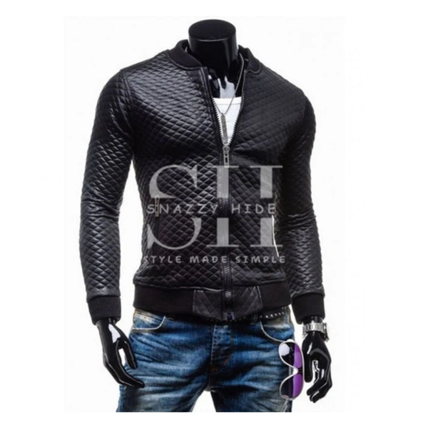 Slim Fit Black Quilted Faux Leather Motorcycle Jacket for Men